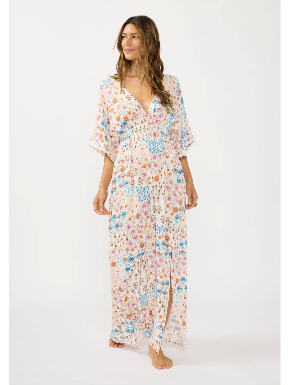 lovestitch White Floral Maxi Dress with Pink & Blue Accents